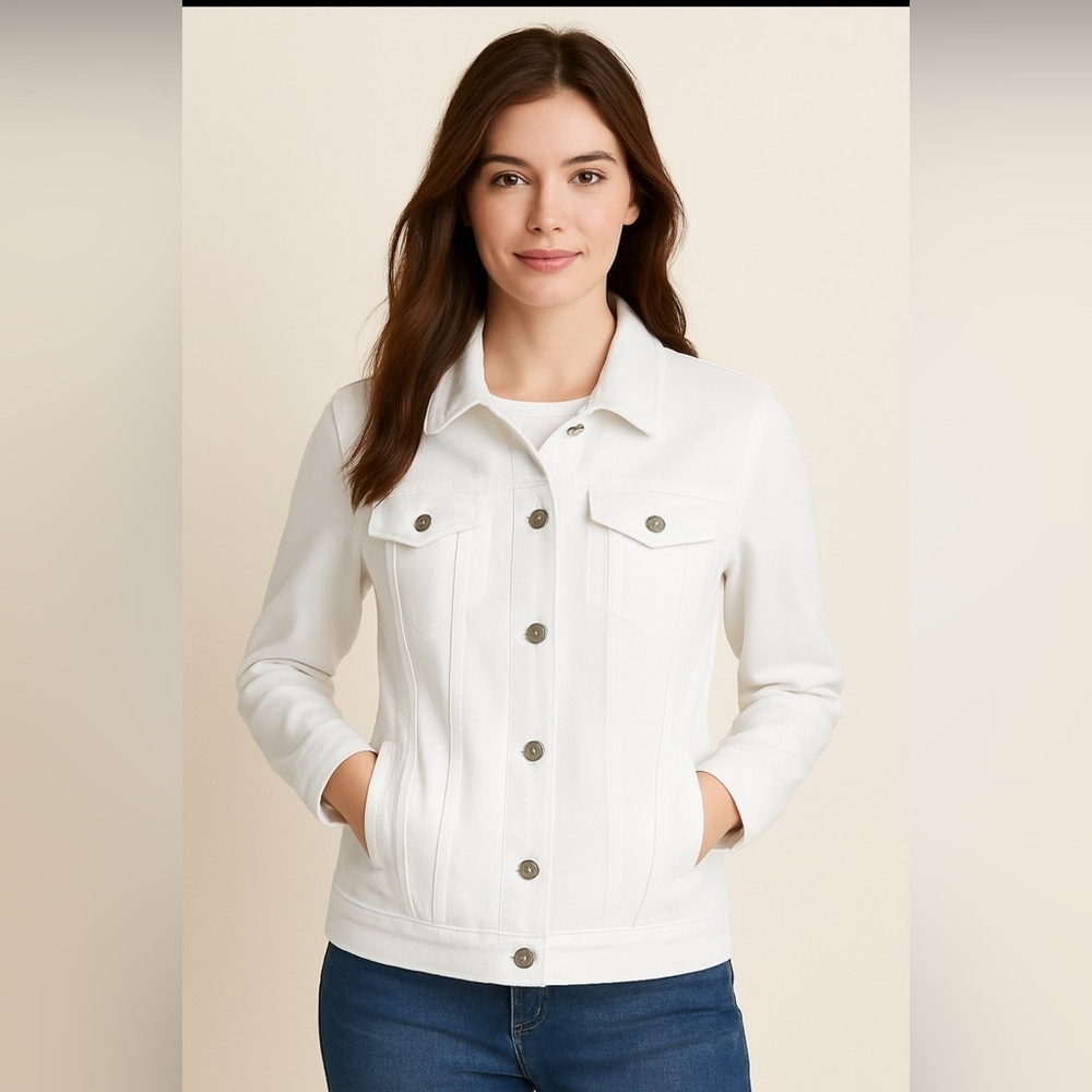 Lands' End Women's White Denim Jacket‎ XL Long Sleeve Casual